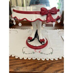 Vtg Early Rae Dunn Cake Stand Chic Red  Bow Shoe Pedestal Whimsical Belle Époque